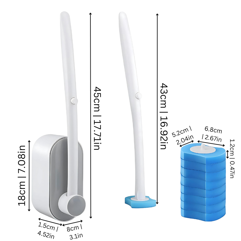 Hygienic disposable toilet brush with ergonomic handle and pre-loaded detergent sponge for eco-friendly cleaning.