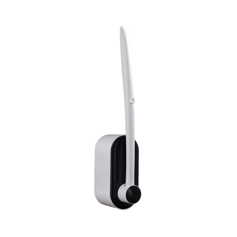 Hygienic disposable toilet brush with ergonomic handle and pre-loaded detergent sponge for eco-friendly cleaning.