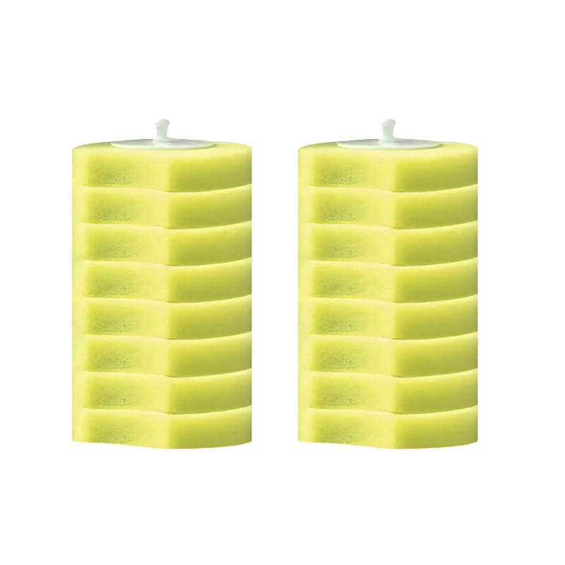 Hygienic disposable toilet brush with ergonomic handle and pre-loaded detergent sponge for eco-friendly cleaning.