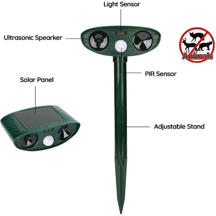 "Infrared solar animal pest repeller with ultrasonic technology in garden setting, solar panel atop a green weatherproof devi