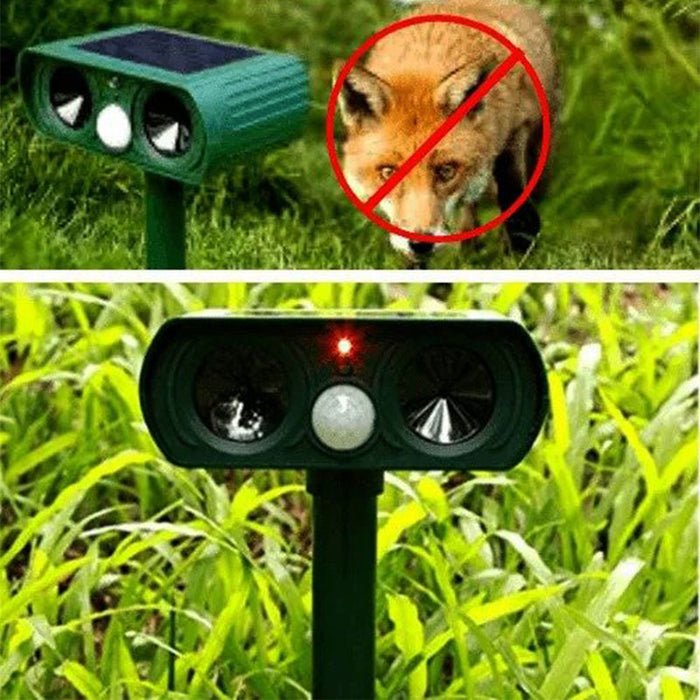 "Infrared solar animal pest repeller with ultrasonic technology in garden setting, solar panel atop a green weatherproof devi