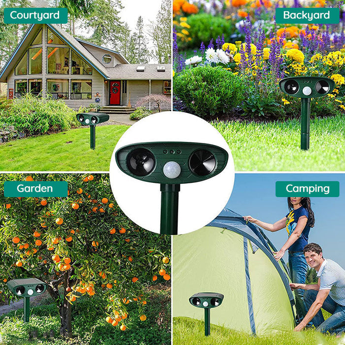 "Infrared solar animal pest repeller with ultrasonic technology in garden setting, solar panel atop a green weatherproof devi