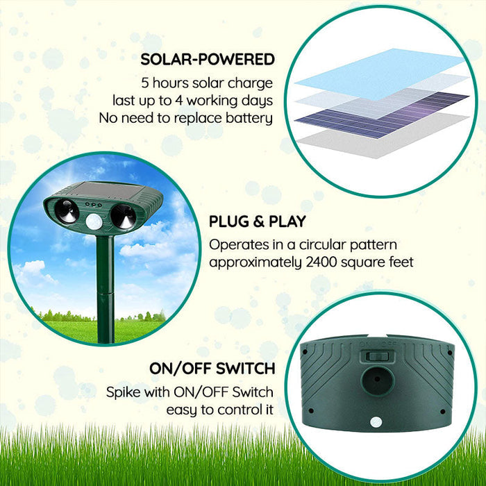 "Infrared solar animal pest repeller with ultrasonic technology in garden setting, solar panel atop a green weatherproof devi