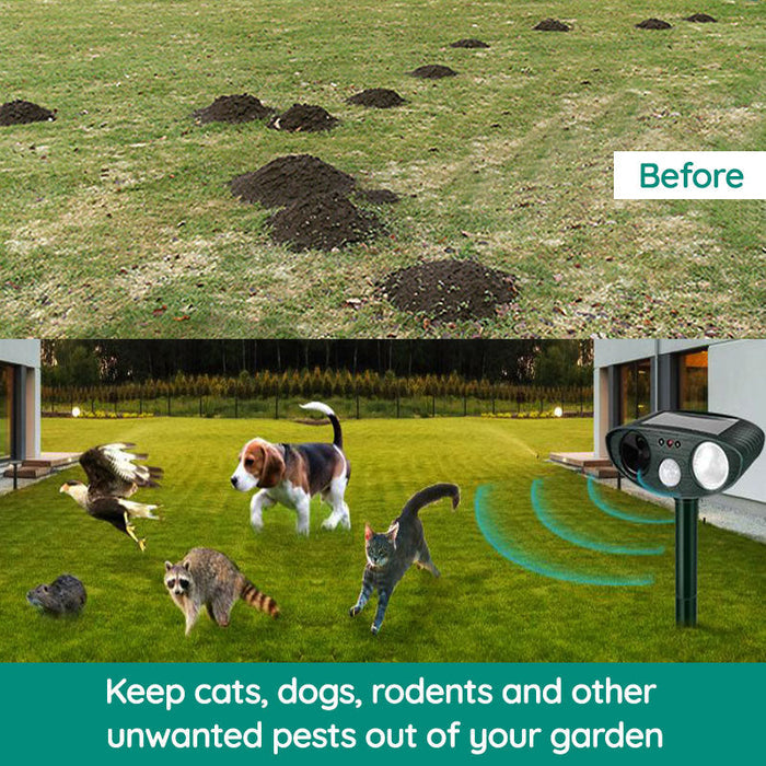 "Infrared solar animal pest repeller with ultrasonic technology in garden setting, solar panel atop a green weatherproof devi