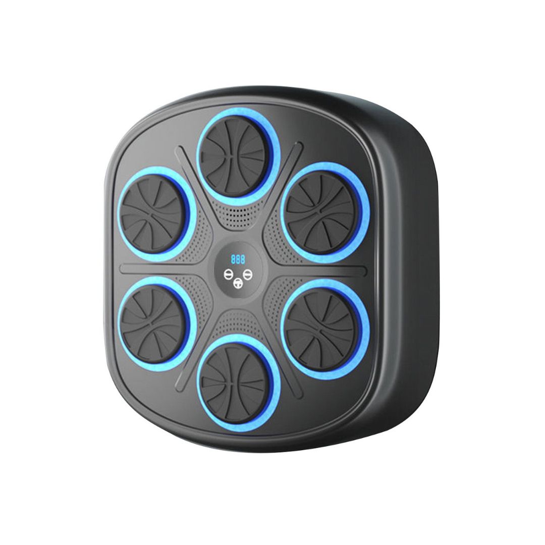 "Interactive music boxing machine for adults & kids, with adjustable settings, shown in use with vibrant background and icons