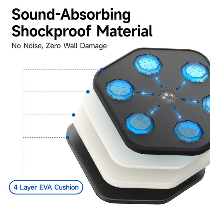 "Interactive music boxing machine for adults & kids, with adjustable settings, shown in use with vibrant background and icons