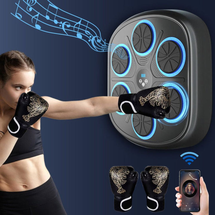 "Interactive music boxing machine for adults & kids, with adjustable settings, shown in use with vibrant background and icons
