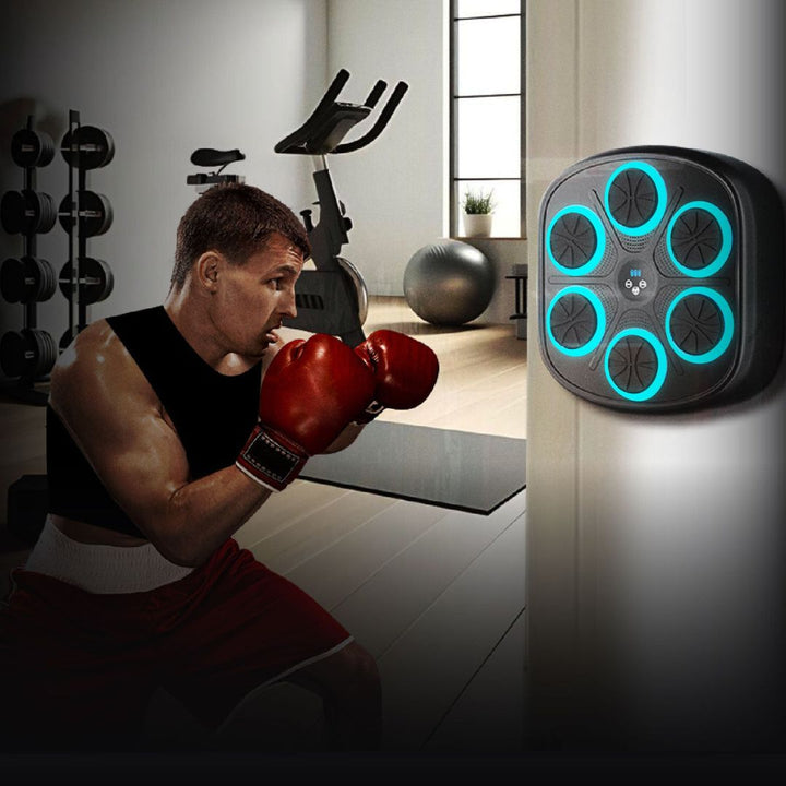 "Interactive music boxing machine for adults & kids, with adjustable settings, shown in use with vibrant background and icons