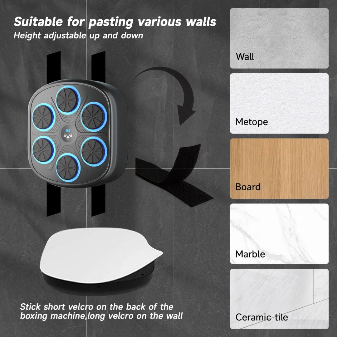 "Interactive music boxing machine for adults & kids, with adjustable settings, shown in use with vibrant background and icons