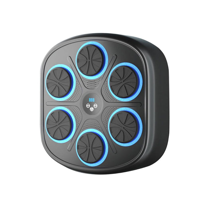 "Interactive music boxing machine for adults & kids, with adjustable settings, shown in use with vibrant background and icons