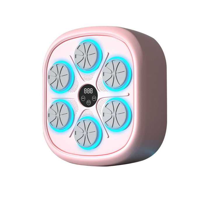 "Interactive music boxing machine for adults & kids, with adjustable settings, shown in use with vibrant background and icons