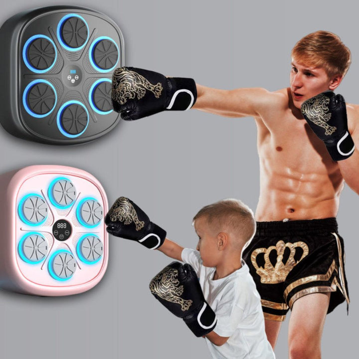 "Interactive music boxing machine for adults & kids, with adjustable settings, shown in use with vibrant background and icons
