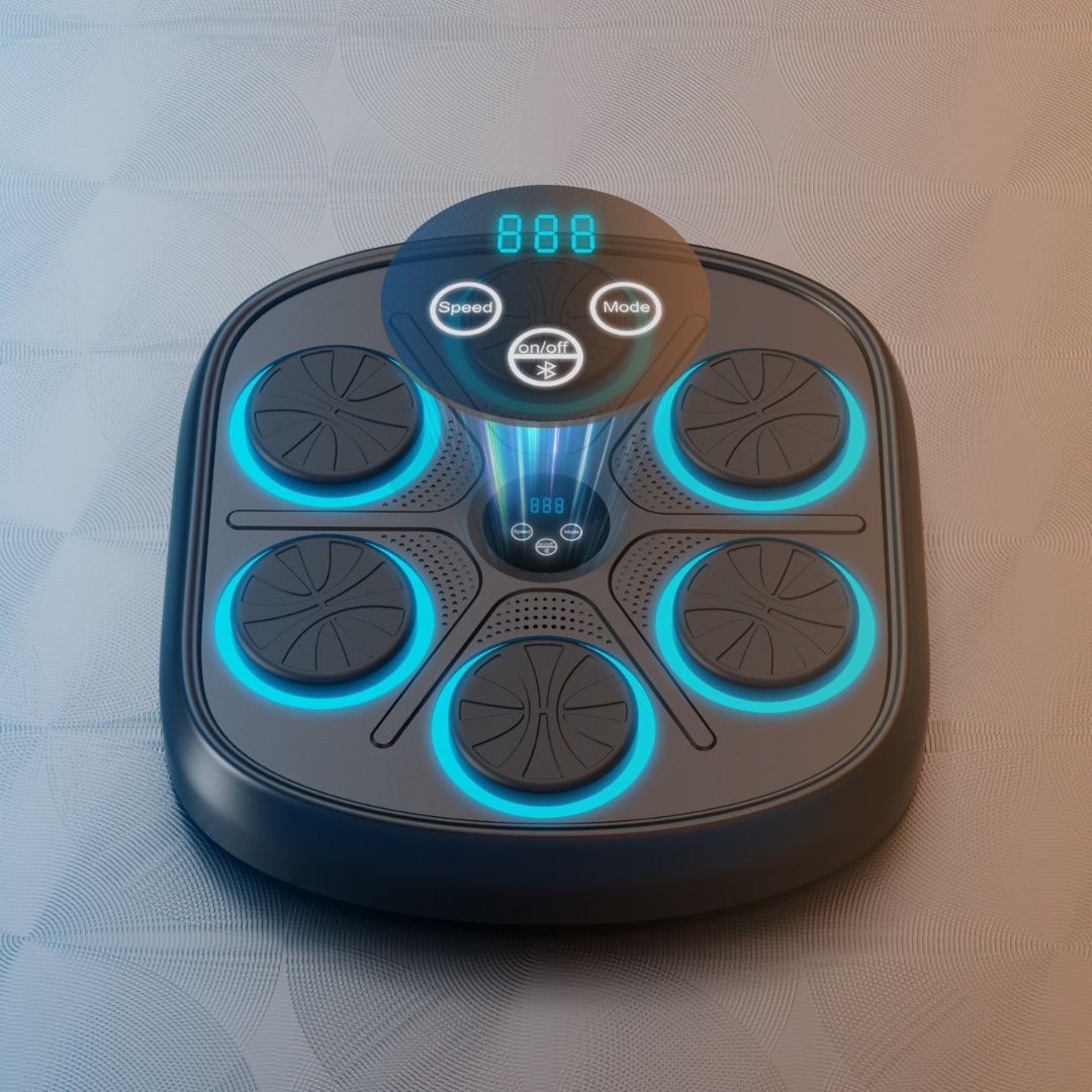 "Interactive music boxing machine for adults & kids, with adjustable settings, shown in use with vibrant background and icons