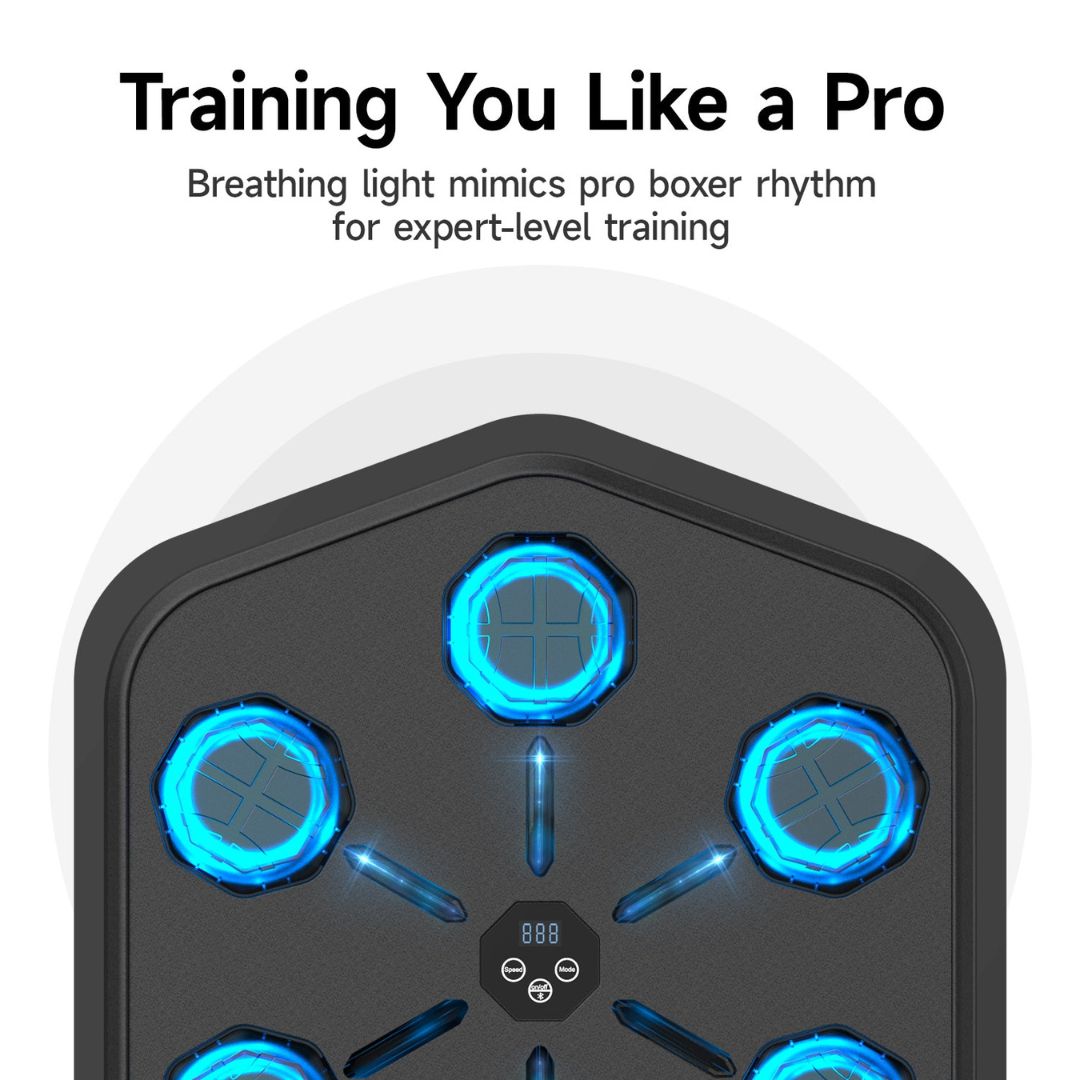 "Interactive music boxing machine for adults & kids, with adjustable settings, shown in use with vibrant background and icons