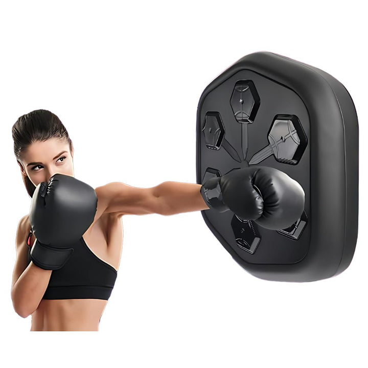 "Interactive music boxing trainer with sleek design, large impact surface, and digital display for enhanced fitness sessions.