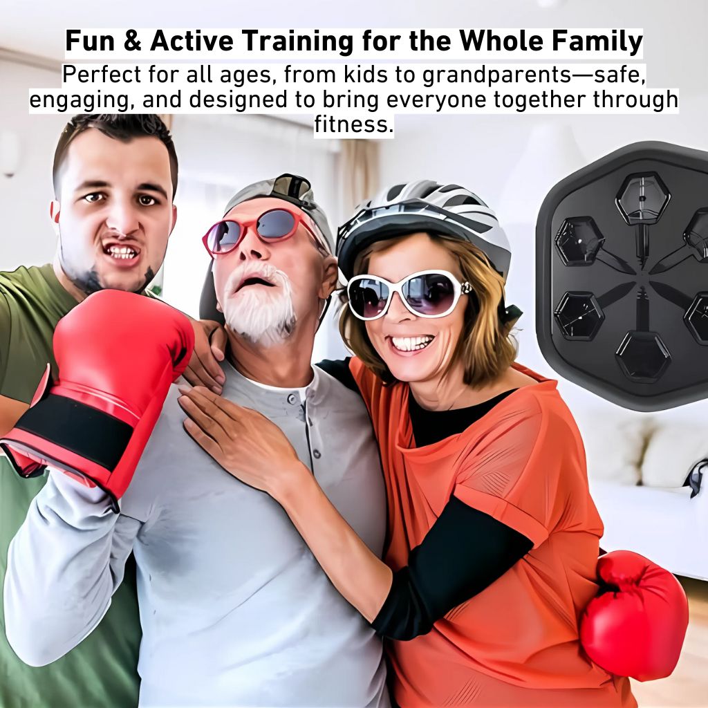 "Interactive music boxing trainer with sleek design, large impact surface, and digital display for enhanced fitness sessions.