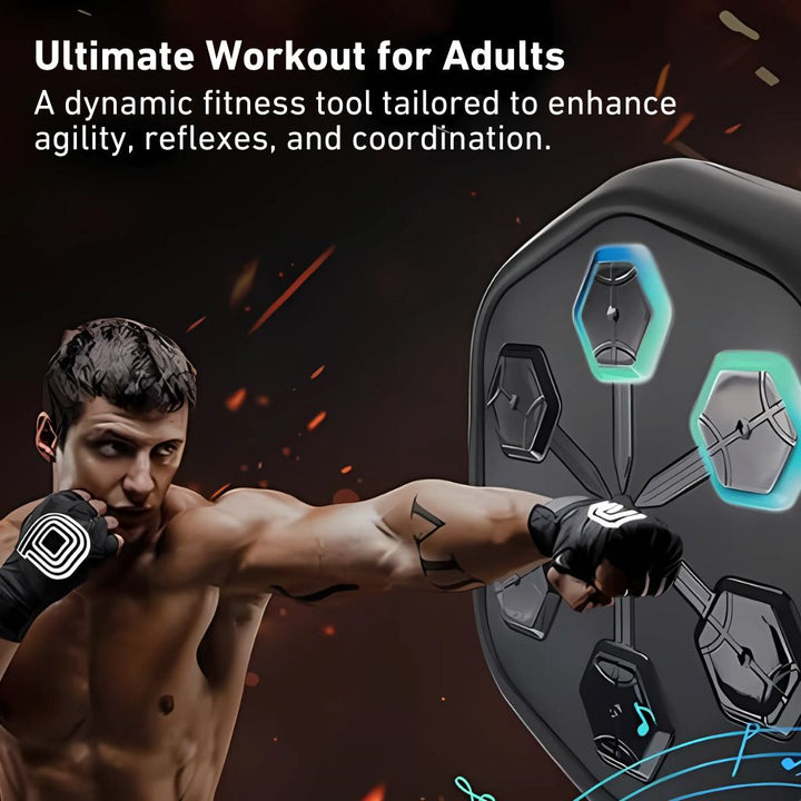 "Interactive music boxing trainer with sleek design, large impact surface, and digital display for enhanced fitness sessions.