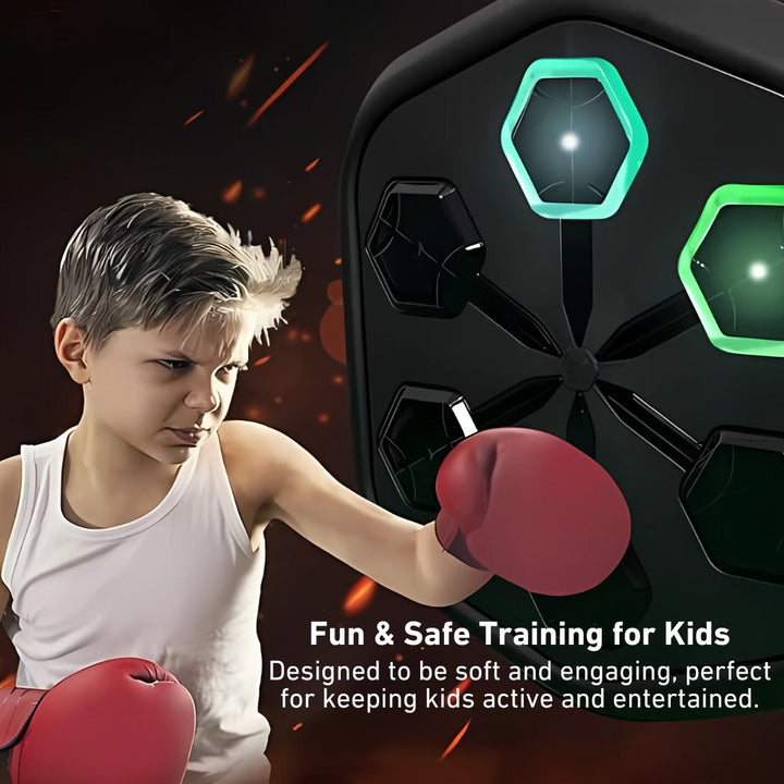 "Interactive music boxing trainer with sleek design, large impact surface, and digital display for enhanced fitness sessions.