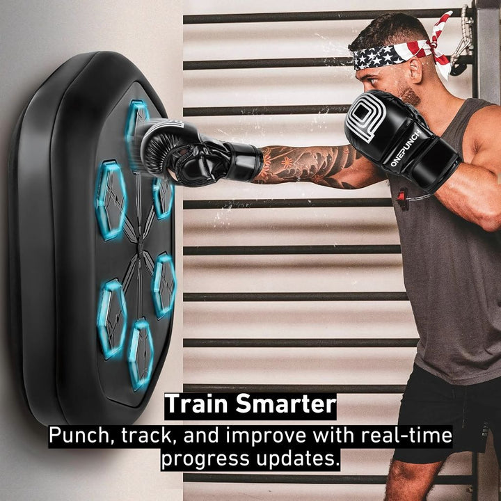 "Interactive music boxing trainer with sleek design, large impact surface, and digital display for enhanced fitness sessions.