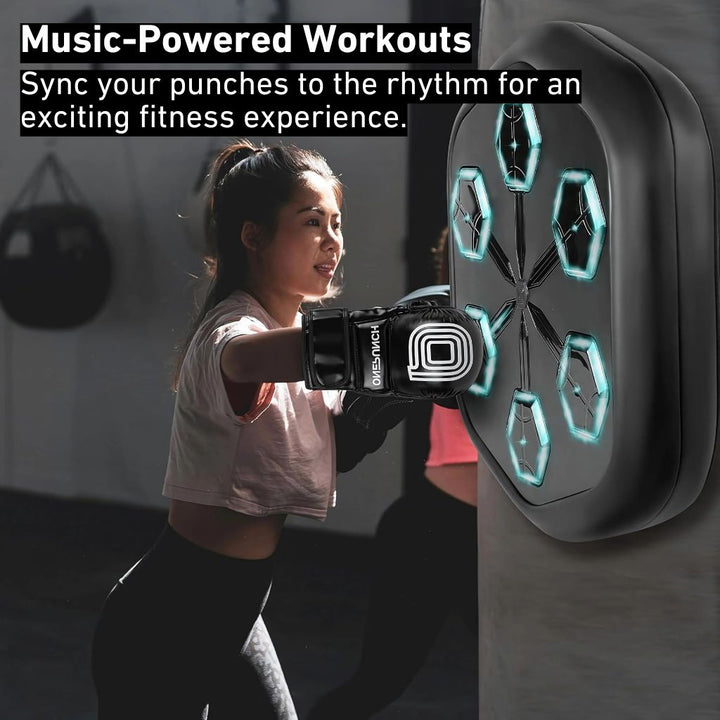 "Interactive music boxing trainer with sleek design, large impact surface, and digital display for enhanced fitness sessions.