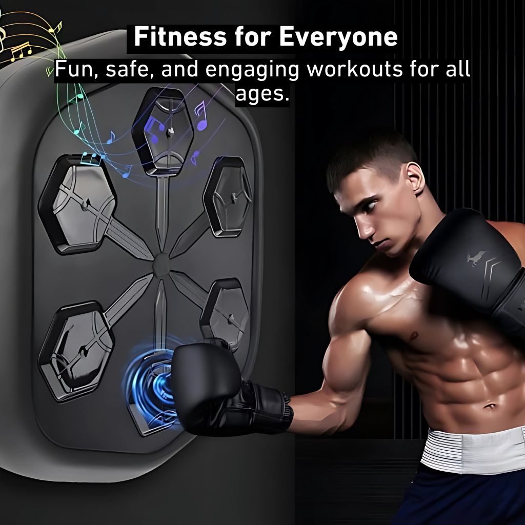 "Interactive music boxing trainer with sleek design, large impact surface, and digital display for enhanced fitness sessions.