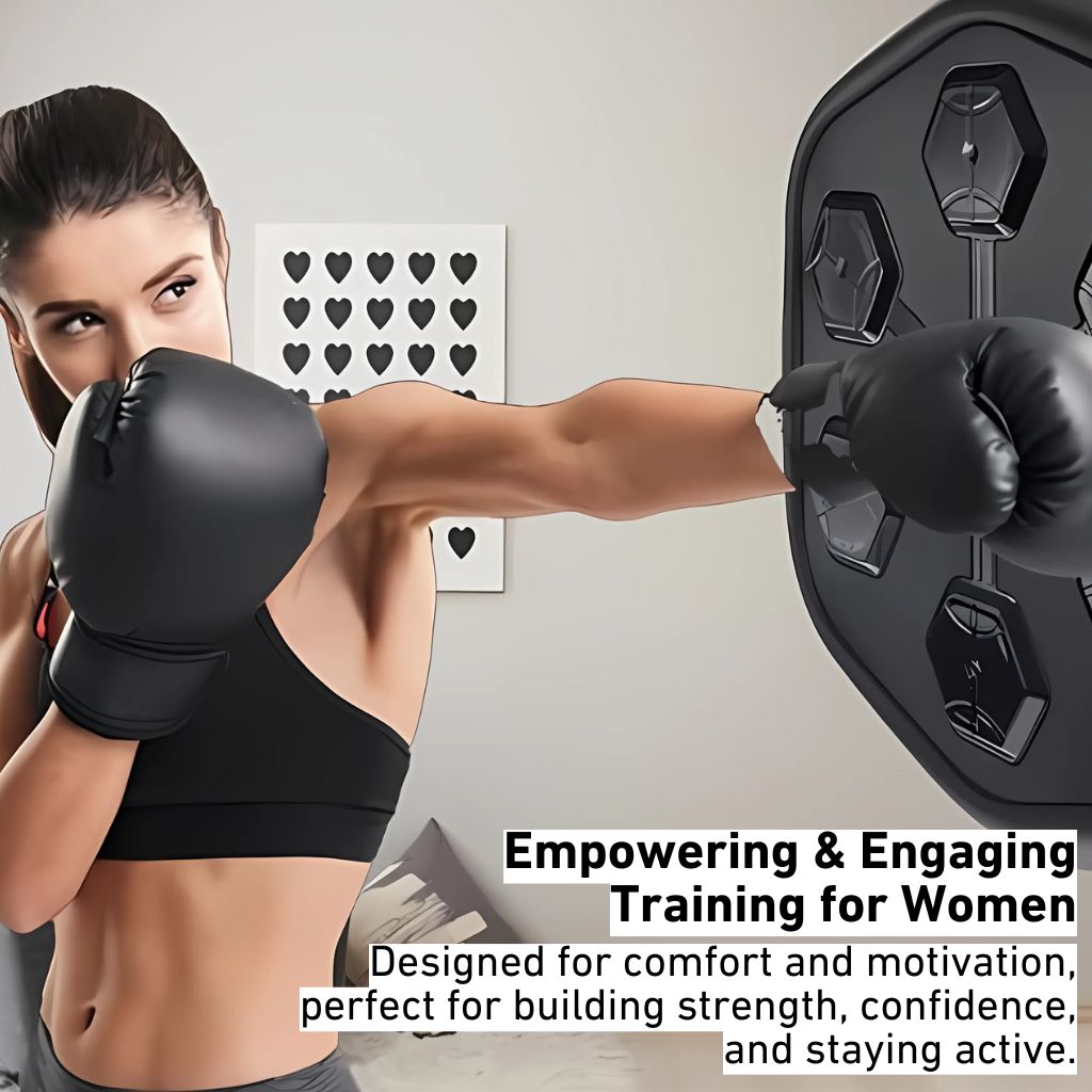 "Interactive music boxing trainer with sleek design, large impact surface, and digital display for enhanced fitness sessions.