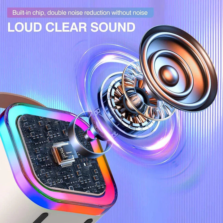 "Kids portable mini karaoke machine with wireless mics, LED lights, vibrant colors, fun for ages 3-12."