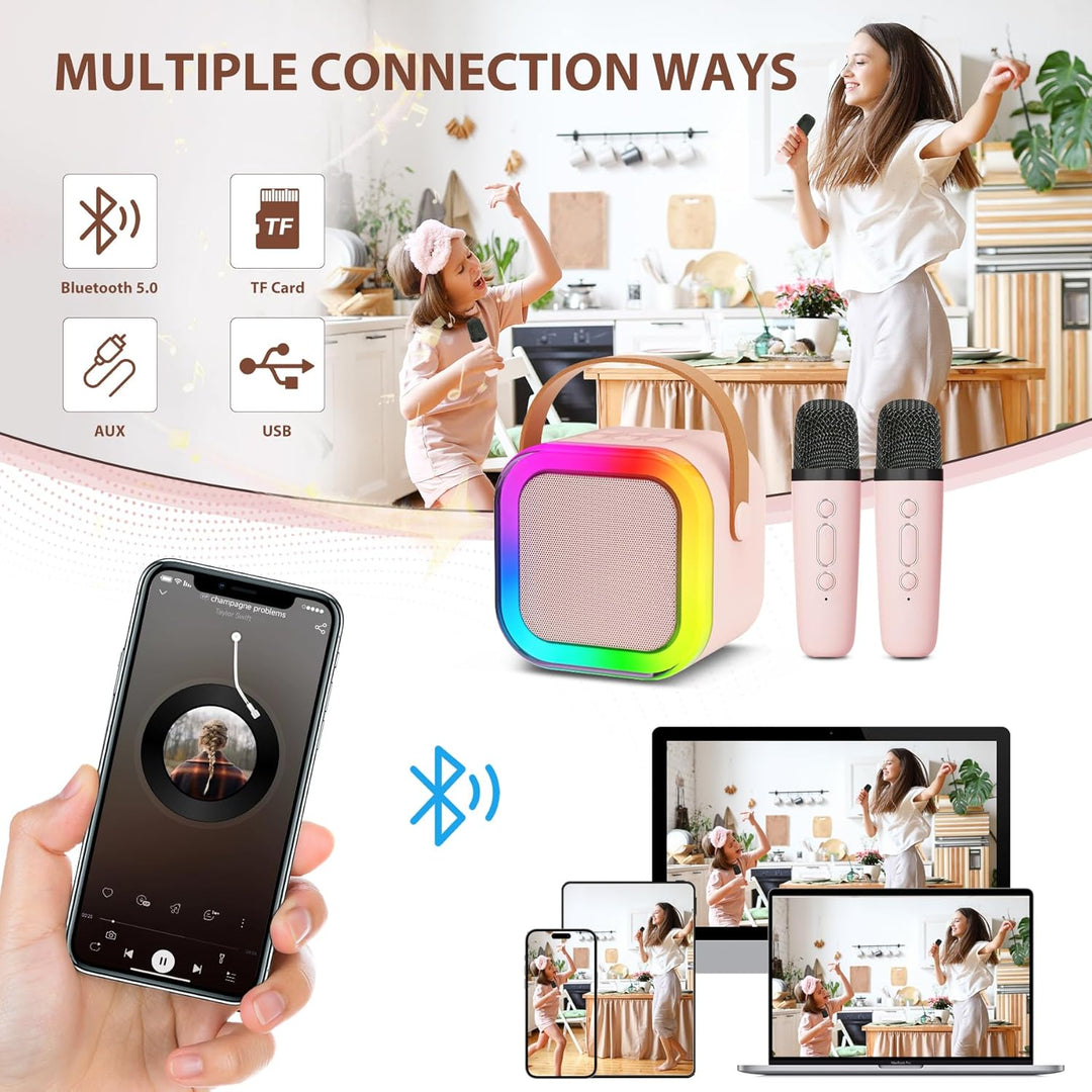 "Kids portable mini karaoke machine with wireless mics, LED lights, vibrant colors, fun for ages 3-12."
