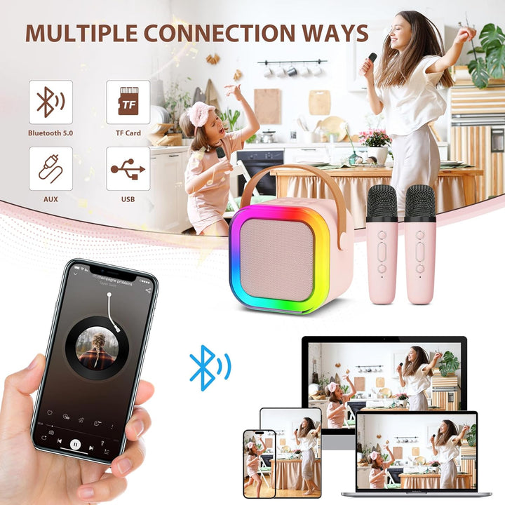"Kids portable mini karaoke machine with wireless mics, LED lights, vibrant colors, fun for ages 3-12."