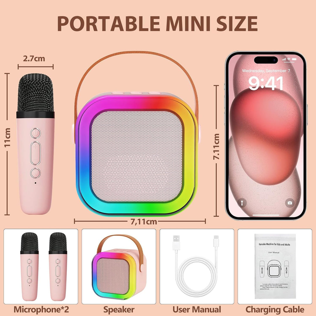 "Kids portable mini karaoke machine with wireless mics, LED lights, vibrant colors, fun for ages 3-12."