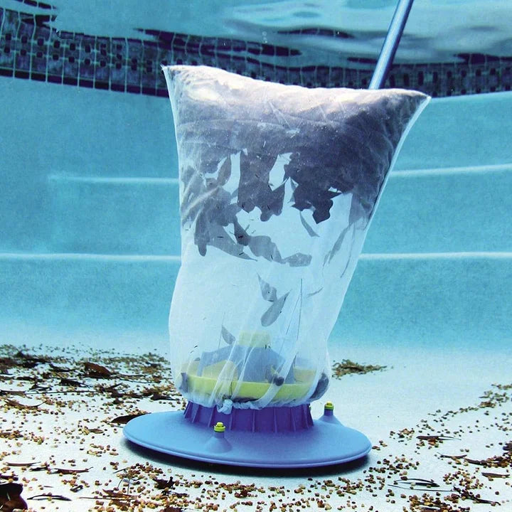 "Large pool leaf vacuum with sleek design, ideal for inground/above-ground pools, featuring four wheels and powerful suction.