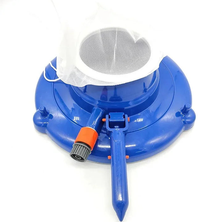 "Large pool leaf vacuum with sleek design, ideal for inground/above-ground pools, featuring four wheels and powerful suction.