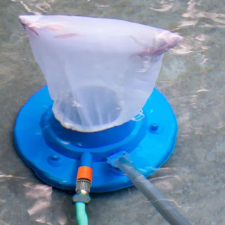 "Large pool leaf vacuum with sleek design, ideal for inground/above-ground pools, featuring four wheels and powerful suction.