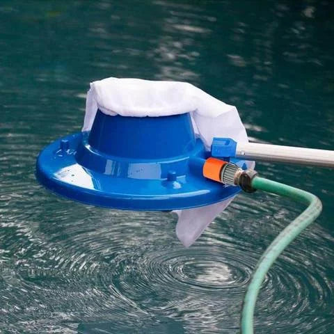 "Large pool leaf vacuum with sleek design, ideal for inground/above-ground pools, featuring four wheels and powerful suction.