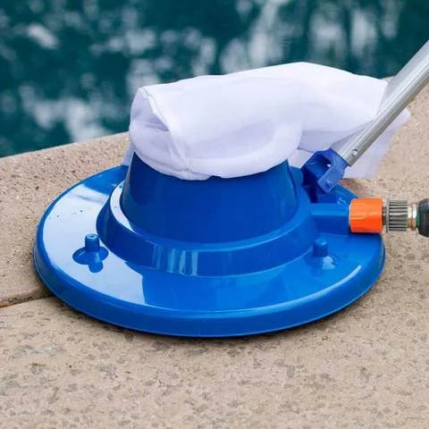 "Large pool leaf vacuum with sleek design, ideal for inground/above-ground pools, featuring four wheels and powerful suction.