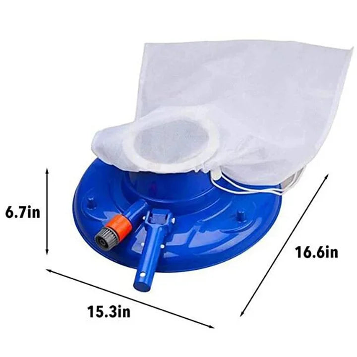 "Large pool leaf vacuum with sleek design, ideal for inground/above-ground pools, featuring four wheels and powerful suction.