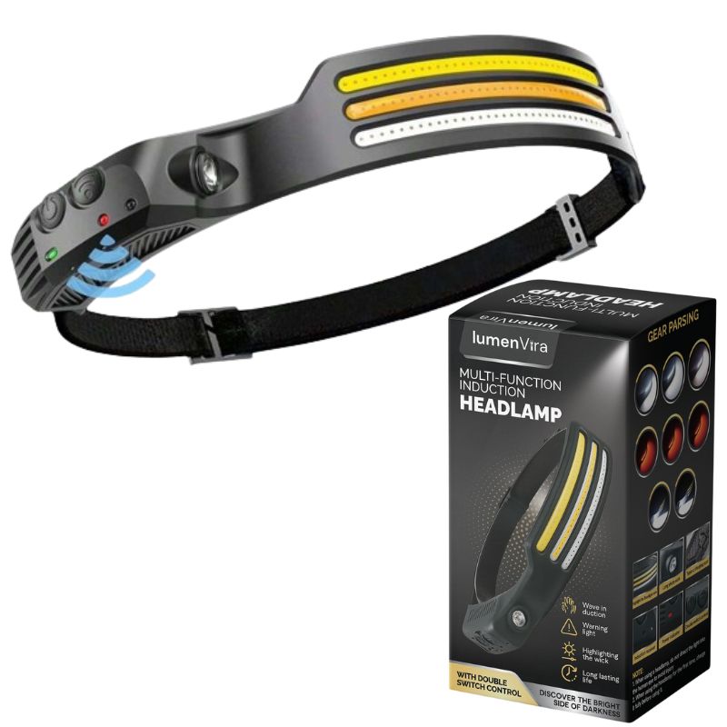 "LED headlamp with 230º beam, multi-color light options, adjustable strap, powerful luminosity for outdoor use."