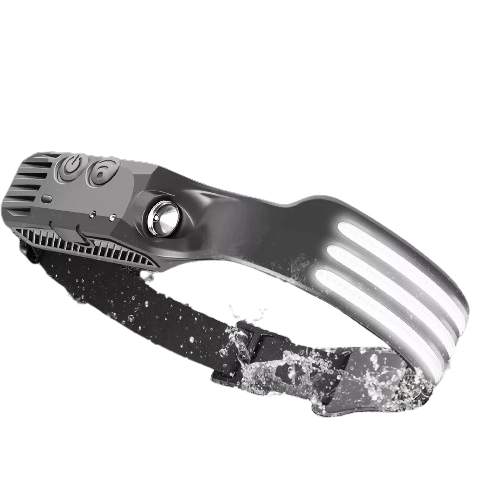 "LED headlamp with 230º beam, multi-color light options, adjustable strap, powerful luminosity for outdoor use."
