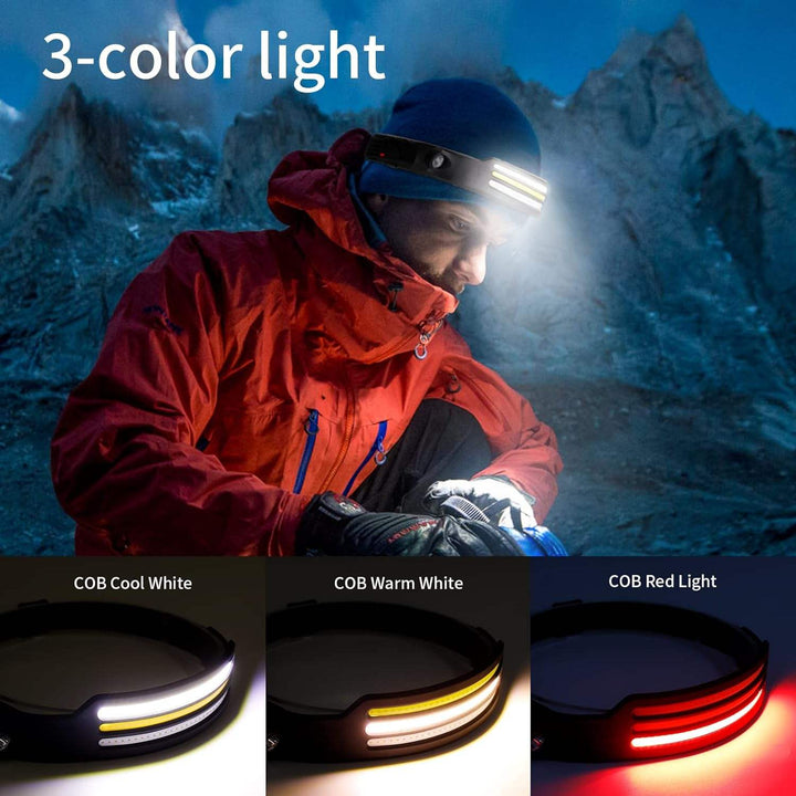 "LED headlamp with 230º beam, multi-color light options, adjustable strap, powerful luminosity for outdoor use."