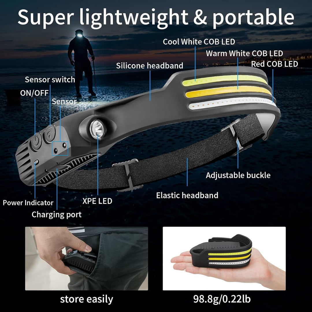"LED headlamp with 230º beam, multi-color light options, adjustable strap, powerful luminosity for outdoor use."