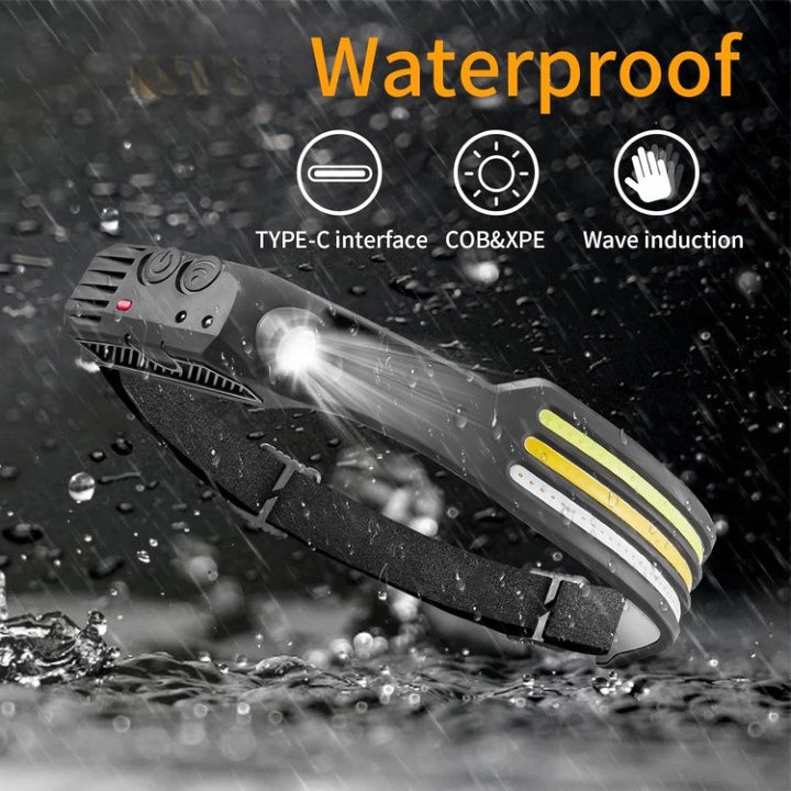 "LED headlamp with 230º beam, multi-color light options, adjustable strap, powerful luminosity for outdoor use."