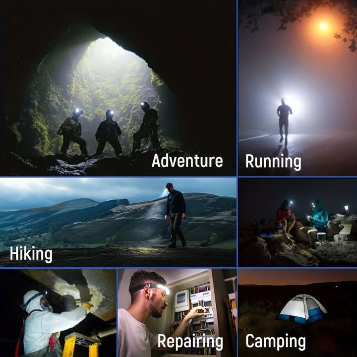 "LED headlamp with 230º beam, multi-color light options, adjustable strap, powerful luminosity for outdoor use."