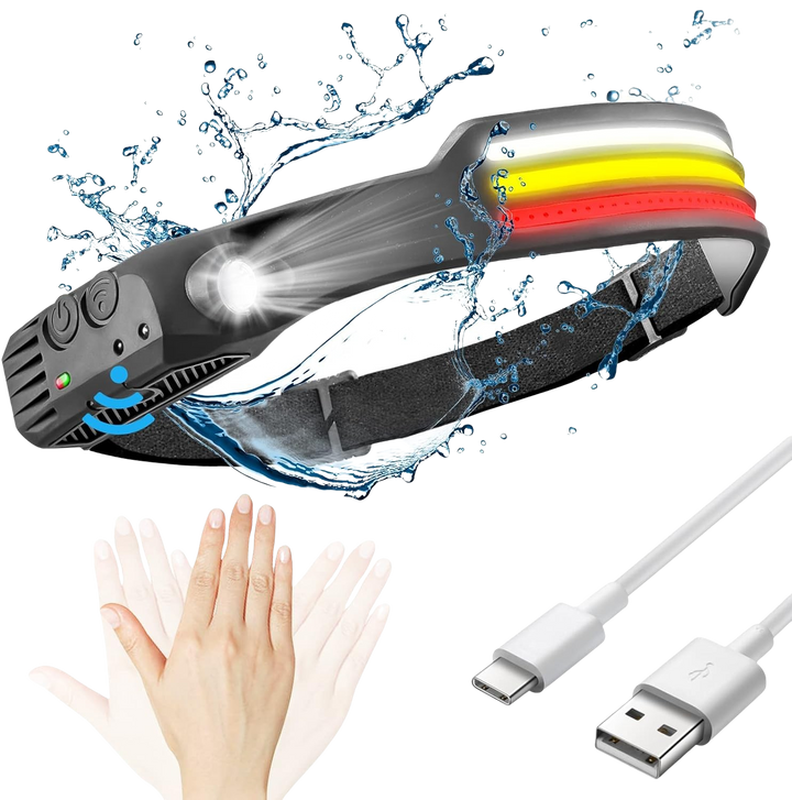 "LED headlamp with 230º beam, multi-color light options, adjustable strap, powerful luminosity for outdoor use."