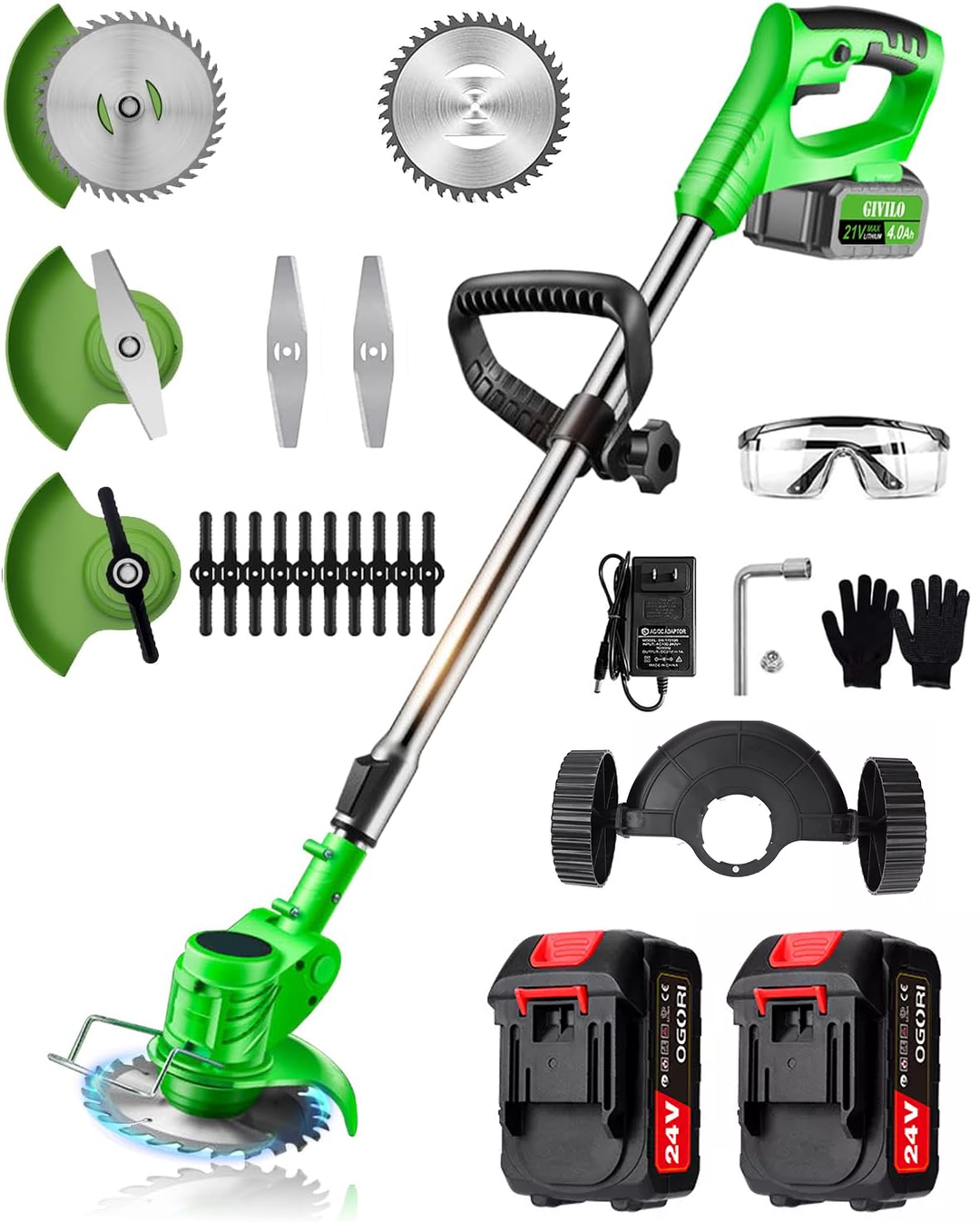 "Lightweight 24V cordless grass trimmer, ergonomic design with telescopic pole, metal blades for efficient lawn care."