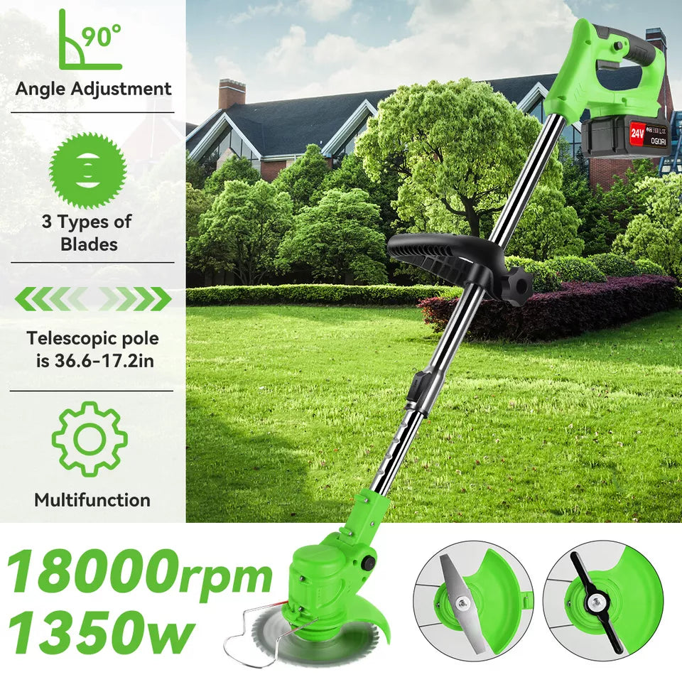 "Lightweight 24V cordless grass trimmer, ergonomic design with telescopic pole, metal blades for efficient lawn care."