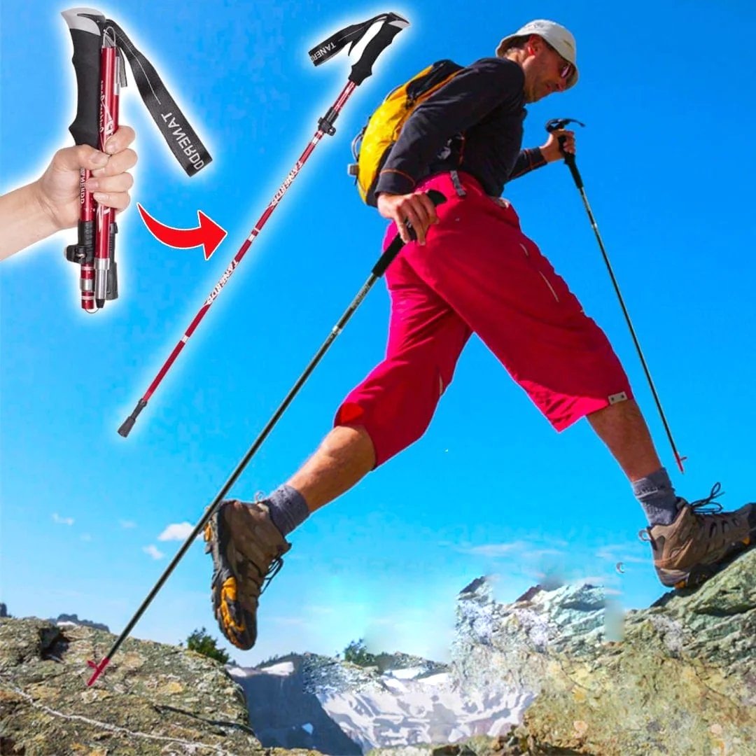 Lightweight foldable aluminium hiking poles with ergonomic EVA foam grips, ideal for trekking on various terrains.