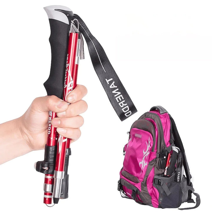 Lightweight foldable aluminium hiking poles with ergonomic EVA foam grips, ideal for trekking on various terrains.