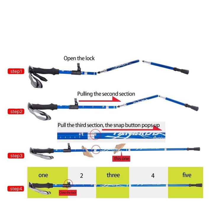 Lightweight foldable aluminium hiking poles with ergonomic EVA foam grips, ideal for trekking on various terrains.
