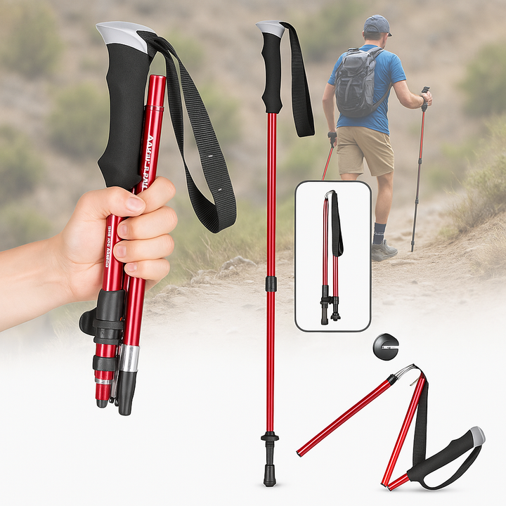 Lightweight foldable aluminium hiking poles with ergonomic EVA foam grips, ideal for trekking on various terrains.