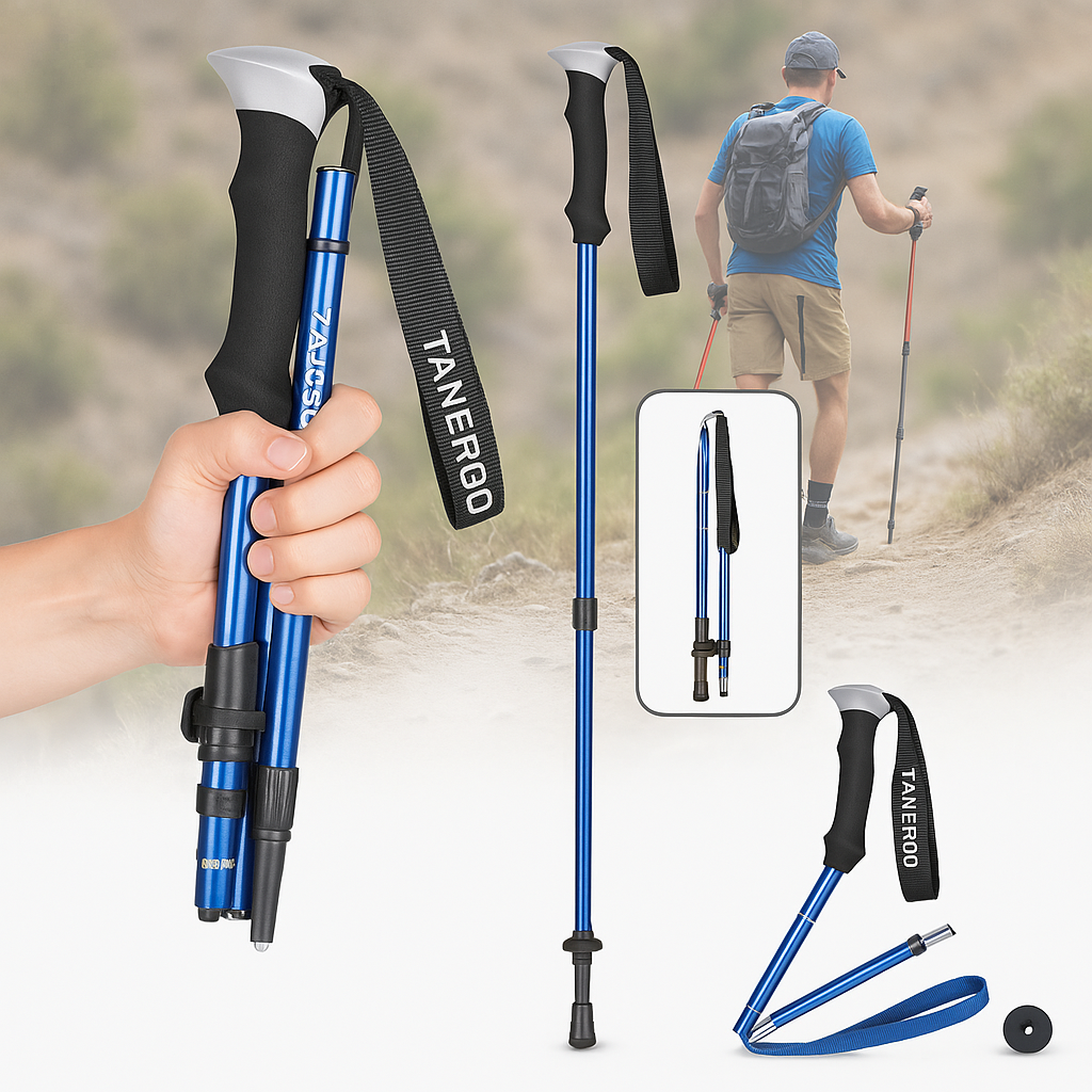 Lightweight foldable aluminium hiking poles with ergonomic EVA foam grips, ideal for trekking on various terrains.